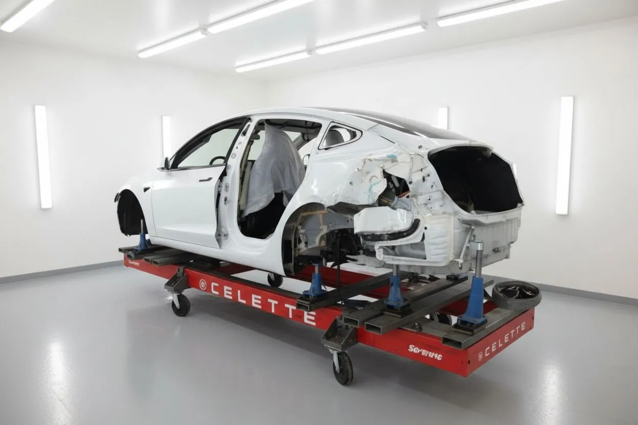 Tesla Model 3 mounted on a Celette frame bench for structural repair
