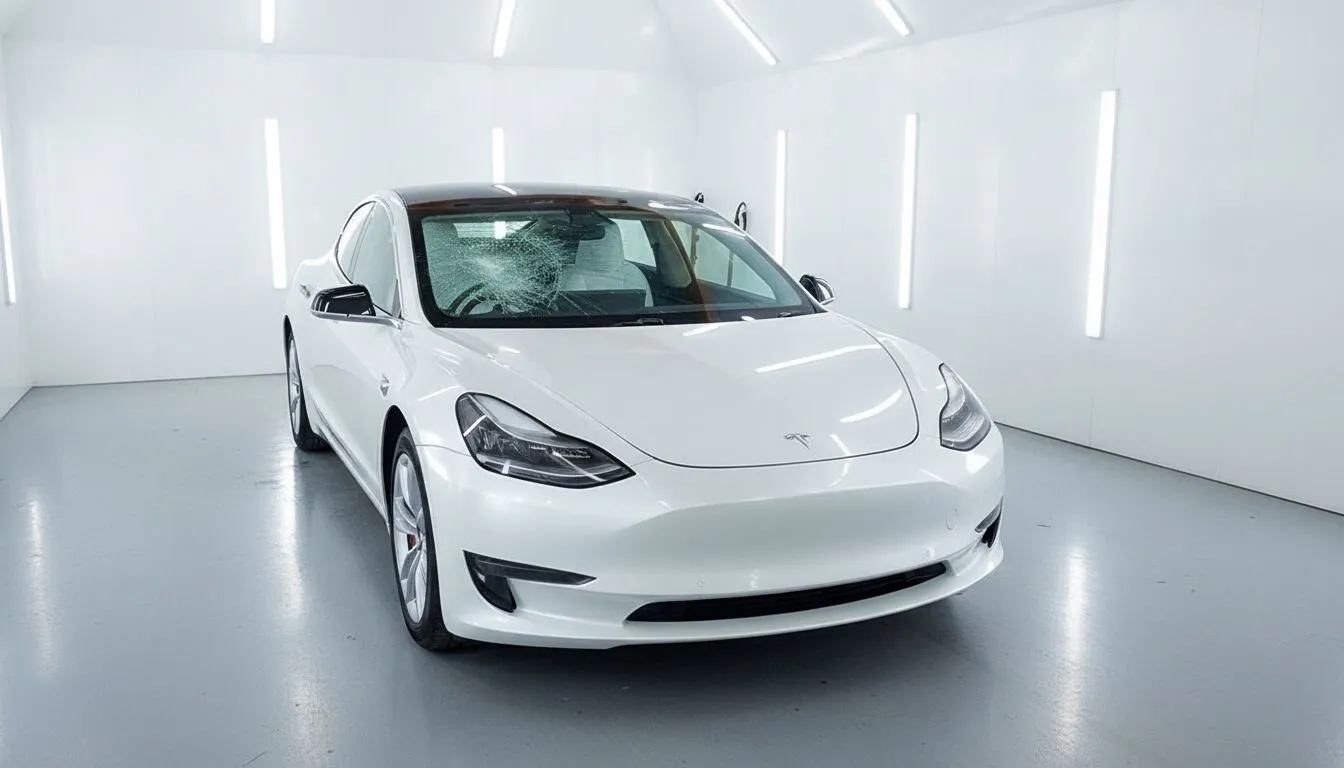 White Tesla Model 3 with a shattered windshield in a bright repair bay