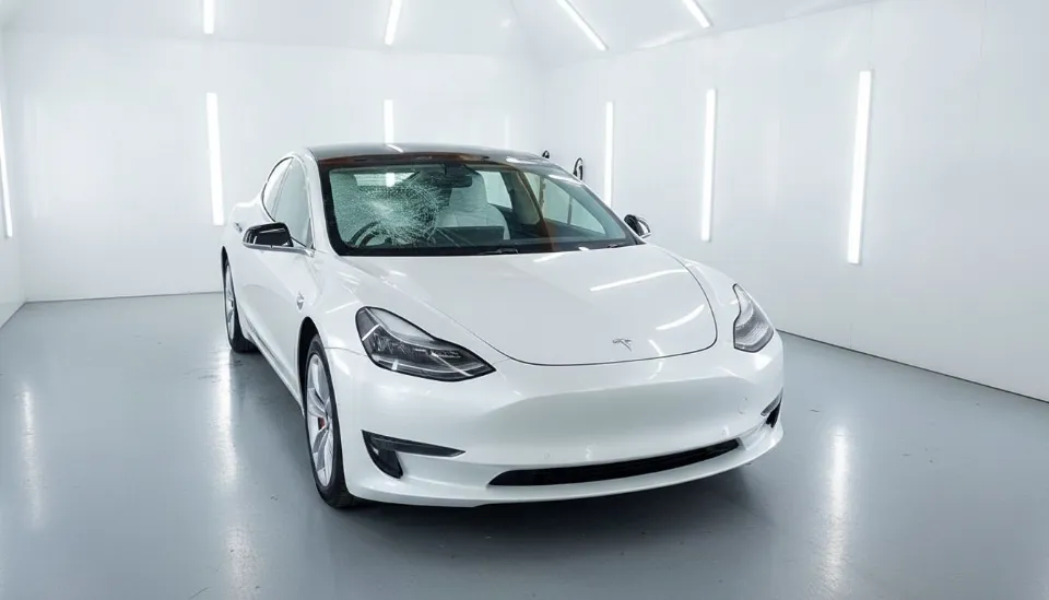 White Tesla Model 3 with a shattered windshield in a bright repair bay