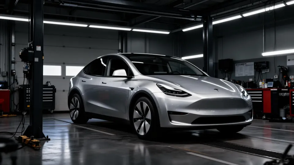 Silver Tesla Model Y in a clean, brightly lit collision repair bay