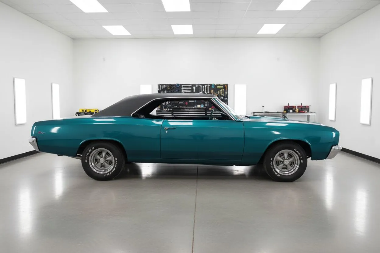 Restored teal Chevelle with vinyl top in clean shop