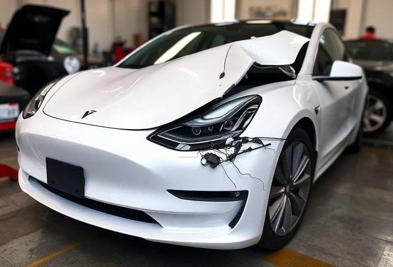 White Tesla Model 3 with front-end collision damage in the shop