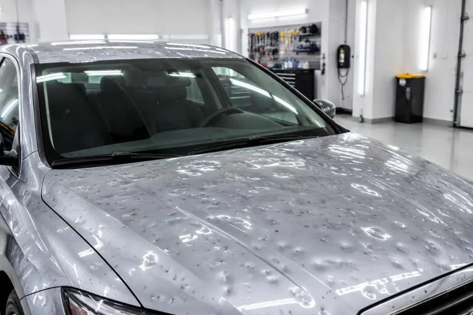 Silver car hood and roof covered in hail dents