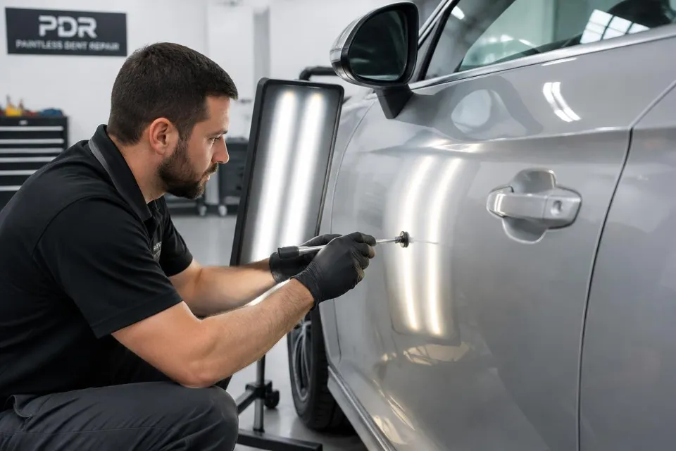Paintless dent removal on a car door