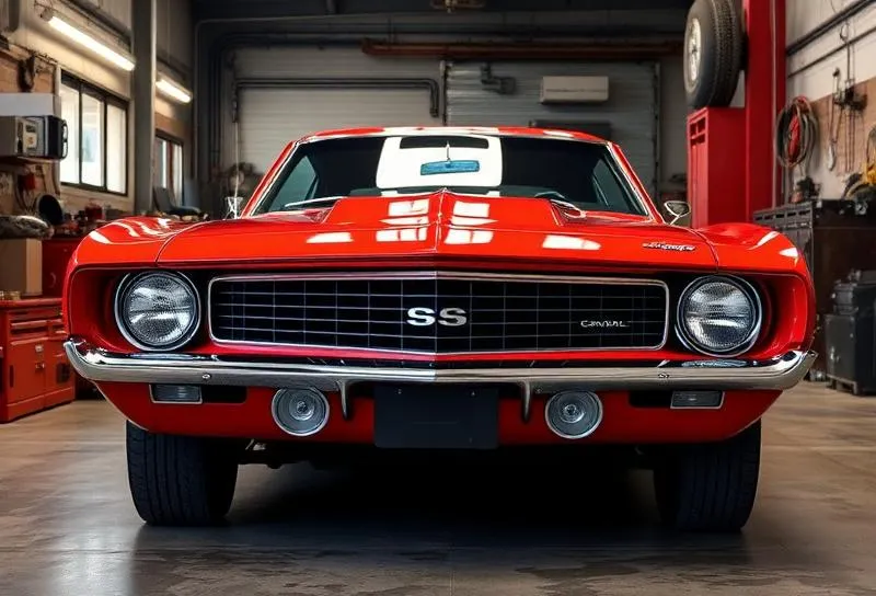 Red first-generation Camaro SS in the shop