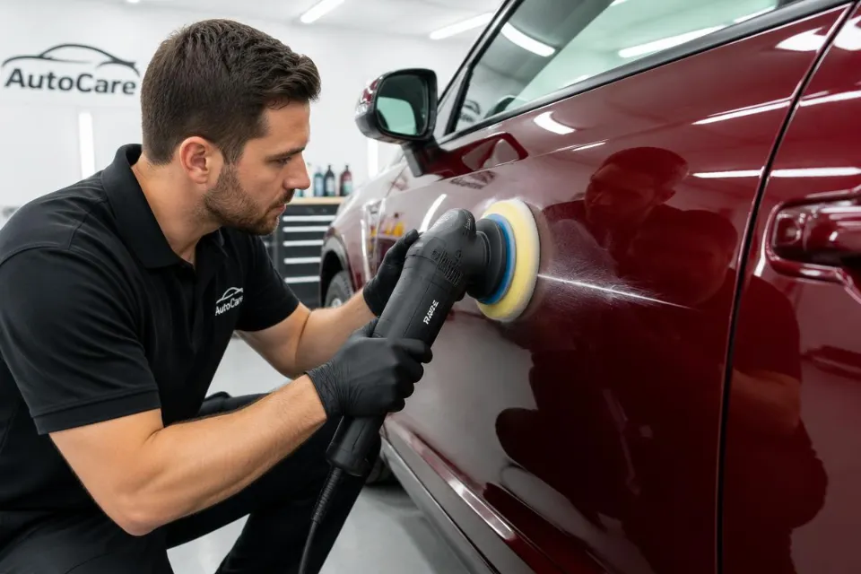 Technician polishing a scratch out of a car door