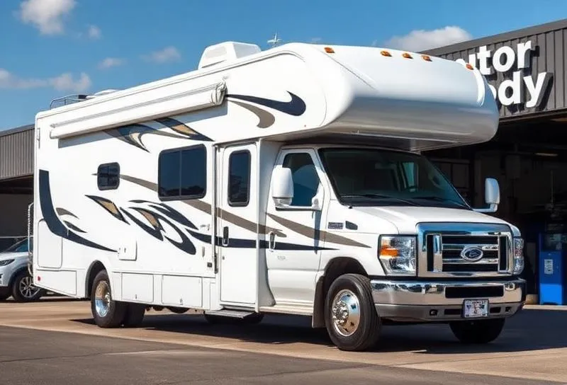 Class C motorhome parked outside a body shop