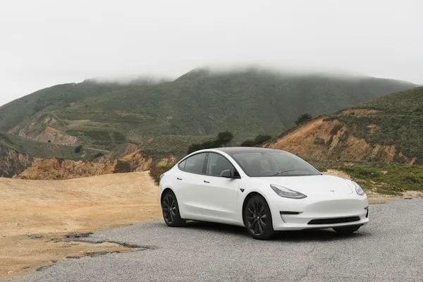 White Tesla Model 3 parked beneath fog-covered hills